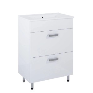 Biała szafka pod umywalkę t.b.t. z dwiema szufladami i umywalką nablatową.