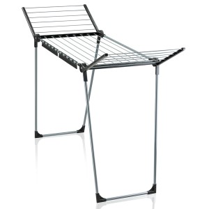 Suszarka na pranie Leifheit Pegasus 150 Solid Slim, czarna, ze składanymi skrzydłami i uchwytami na drobne elementy.