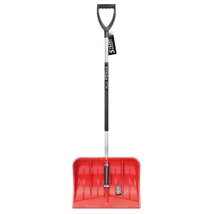 Czerwona łopata do śniegu z uchwytem D i aluminiowym trzonkiem do odśnieżania.