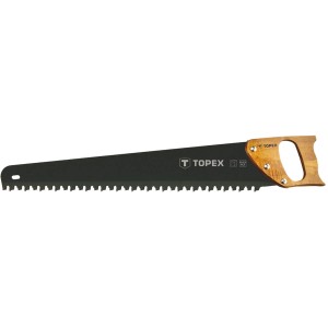 Piła ręczna t.b.t. z czarnym brzeszczotem i drewnianą rękojeścią do prac murarskich i glazurniczych.