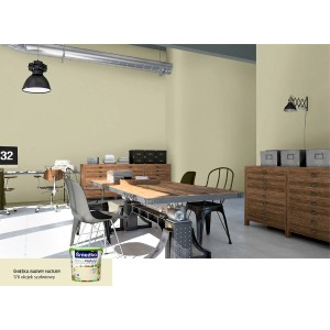 t.b.t. farba do ścian w pomieszczeniu, kolor farby na ścianie i puszka farby na pierwszym planie.