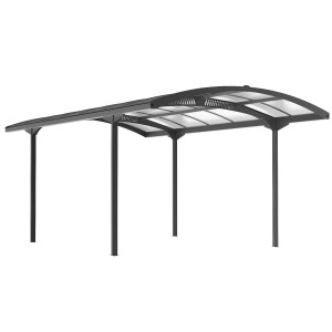 Nowoczesna, szara wiata garażowa na dwa samochody z zakrzywionym dachem.