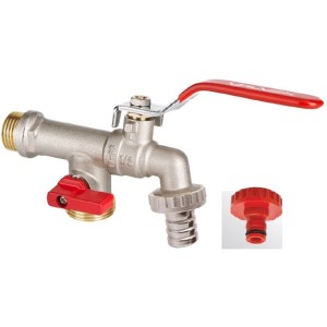 Zawór wylotowy t.b.t. z czerwonym uchwytem i złączką.