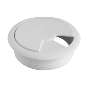 Biała przelotka kablowa do mebli, akcesorium do biurka.