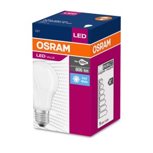 Żarówka LED OSRAM E27, 9W, zimna biel, w opakowaniu. Energooszczędna żarówka LED do użytku wewnętrznego.