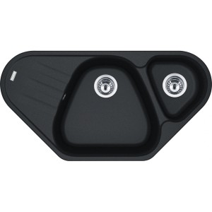 Czarny zlewozmywak granitowy z dwoma komorami i ociekaczem.