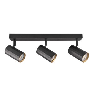 Czarna listwa oświetleniowa t.b.t. z trzema reflektorami do montażu sufitowego.