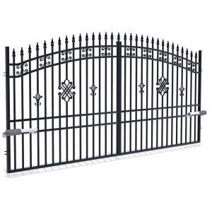 Czarna metalowa brama ogrodzeniowa z elementami dekoracyjnymi.