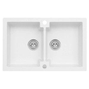 Biały zlewozmywak granitowy t.b.t. z dwoma komorami.