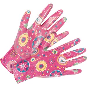 Rękawice ogrodowe z częściową powłoką nitrylową, biało-różowe, rozmiar 8, zestaw 2 sztuk z kwiatowym wzorem.