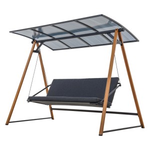 Huśtawka ogrodowa t.b.t. z daszkiem i szarą poduszką siedziska.