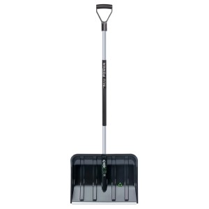 Czarna łopata do śniegu z aluminiowym trzonkiem i uchwytem typu D. Idealna do odśnieżania.