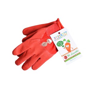 Pomarańczowe rękawice ogrodowe t.b.t. dla dzieci z etykietą.