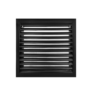 Czarna, kwadratowa kratka wentylacyjna z lamelami do montażu ściennego.