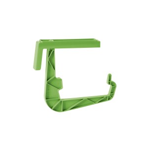 Zielony uchwyt do skrzynki balkonowej do łatwego mocowania na balkonie.