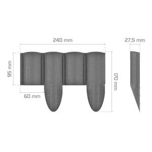 Rysunek techniczny szarego obrzeża trawnikowego t.b.t. z wymiarami.