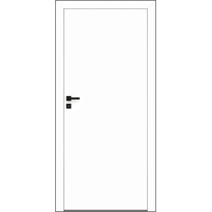 Białe drzwi wewnętrzne z czarną klamką.