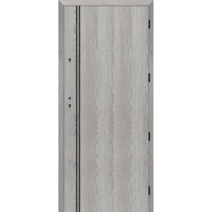 Drzwi wewnętrzne t.b.t. w odcieniach szarości, imitujące drewno. Skrzydło drzwiowe z okuciami.