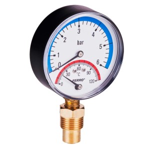 Manometr do instalacji grzewczych: Wyświetlanie ciśnienia i temperatury.