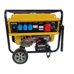 Żółty agregat prądotwórczy t.b.t. z czarną ramą i kołami.