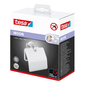 Opakowanie uchwytu na papier toaletowy z pokrywką Tesa Moon, chromowany, do montażu na ścianie bez wiercenia.