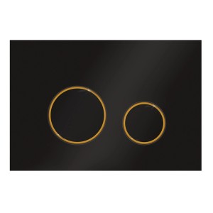 Czarny panel spłukujący WC z dwoma złotymi pierścieniami aktywacyjnymi.