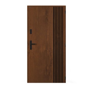 Nowoczesne drzwi zewnętrzne t.b.t. w kolorze drewna z czarnymi akcentami.