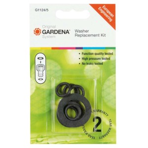 Zestaw uszczelek Gardena do złącza kranowego 940230, składający się z uszczelki płaskiej i O-ringów.