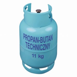 Jasnoniebieska butla gazowa z napisem 'Propan-Butan Techniczny 11 kg'.