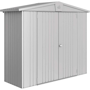 Metalowy domek narzędziowy Biohort Europa, srebrny metalik, 1,9 m², z podwójnymi drzwiami.