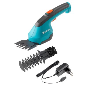 Akumulatorowe nożyce do trawy Gardena z ostrzem do krzewów i ładowarką. Idealne do krawędzi trawników i formowania.