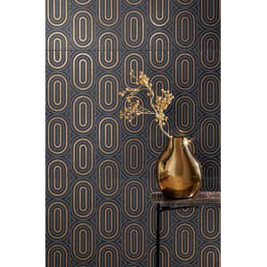 Dekoracyjne panele ścienne t.b.t. z graficznym wzorem w kolorze czarnym i złotym.