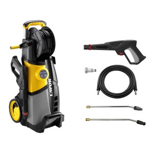 Żółto-szara myjka ciśnieniowa z akcesoriami, takimi jak pistolet, wąż i dysze.