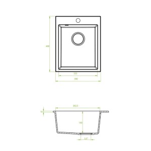 Rysunek techniczny zlewozmywaka granitowego t.b.t. z wymiarami.