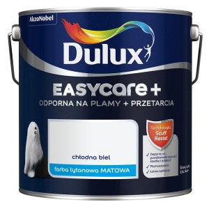 Ciemnoniebieska puszka farby do ścian Dulux Easycare+, kolor: Chłodna biel (chłodna biel).