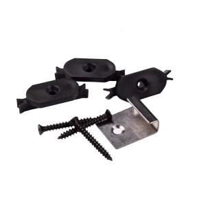 t.b.t. Zestaw montażowy do desek tarasowych: Podkładki dystansowe, śruby i metalowe wsporniki.