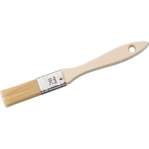 Pędzel płaski, szerokość 20 mm, z jasnym drewnianym uchwytem i naturalnym włosiem do malowania.