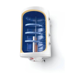 Przekrój białego bojlera z niebieską grzałką.