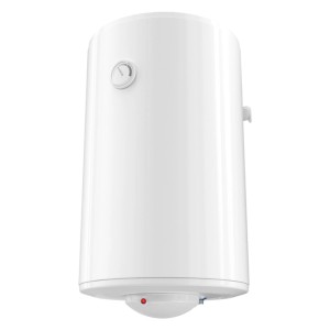 Biały bojler z wyświetlaczem temperatury. Podgrzewacz wody do łazienki i kuchni.