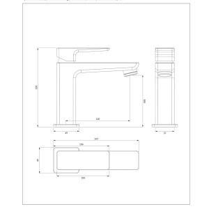 Rysunek techniczny: Bateria umywalkowa t.b.t. z wymiarami.