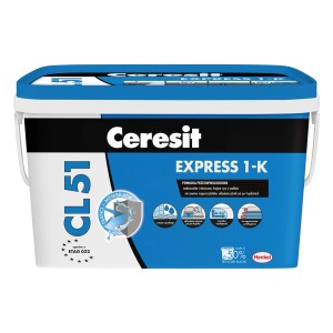 Ceresit CL 51 Express 1-K, uszczelniacz do płytek, w niebieskim wiadrze.