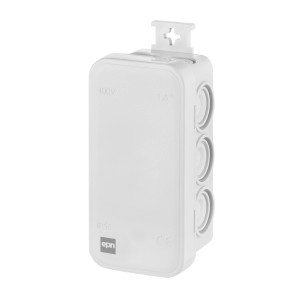 Biała puszka natynkowa do suchej zabudowy, IP55, z wyłamywanymi otworami na kable i rury.