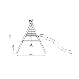 Rysunek techniczny huśtawki ze zjeżdżalnią, wymiary: 2270 x 1900 mm.