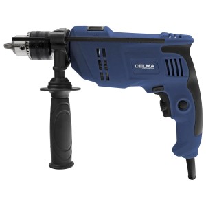 Niebieska wiertarka z dodatkowym uchwytem. Idealna do wiercenia w drewnie, metalu i kamieniu.