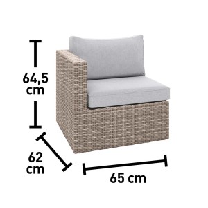 Zestaw mebli balkonowych Olea Mini: zbliżenie fotela z wymiarami, polirattan jasnoszary, z poduszkami.