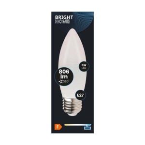 Żarówka LED E27 w kształcie świecy, 8W, 806 lumenów, ciepłe białe światło.