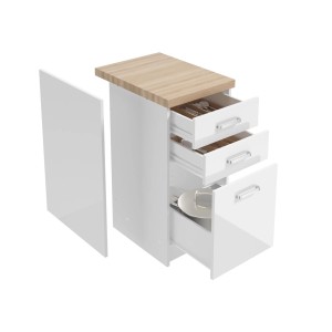 Zestaw mebli kuchennych: Biała szafka dolna z trzema szufladami i jasnym drewnianym blatem.