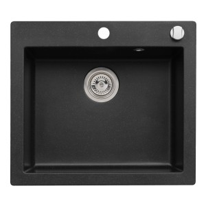 Czarny, kwadratowy zlewozmywak granitowy z odpływem i otworem na kran.