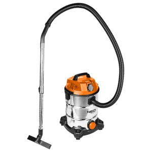 Odkurzacz do pracy na sucho i mokro NEO Tools, pomarańczowy pojemnik, chromowany zbiornik i akcesoria.
