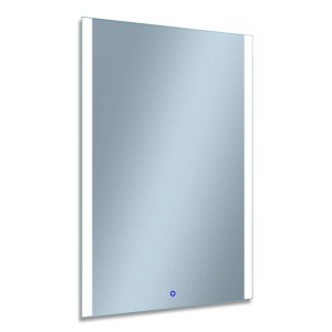 Prostokątne lustro z bocznym oświetleniem LED i niebieską kropką.